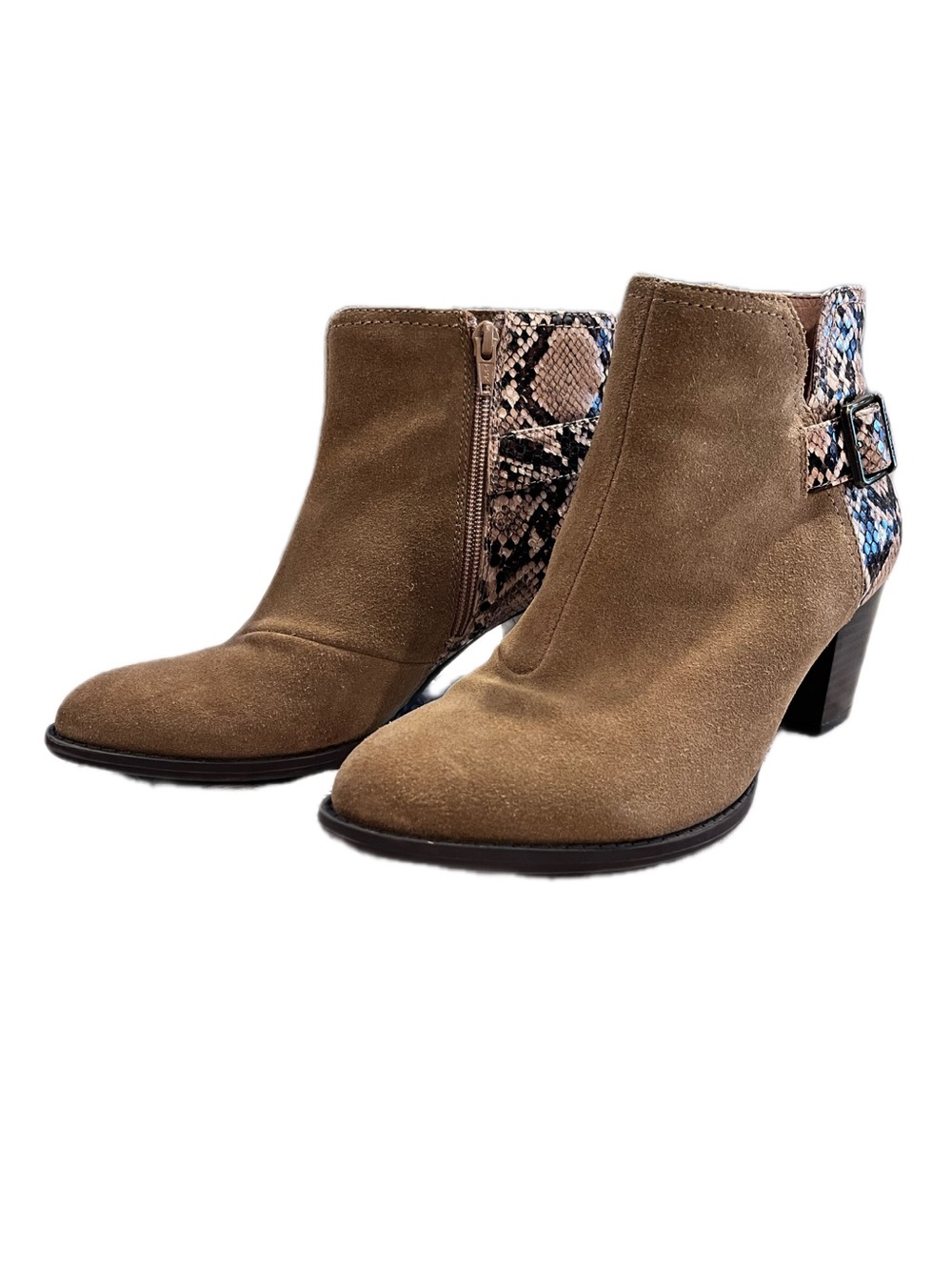 Vionic Naomi Tan Suede Snake Print Ankle Bootie Size 7.5 Boho Western Chic